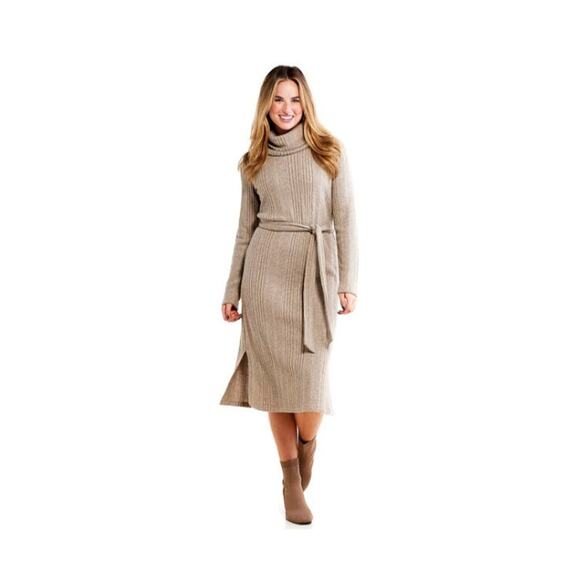 Harper 241 Women's Plus Long Sleeve Cowl Neck Belted Sweater Midi Dress in Camel - Picture 1 of 6